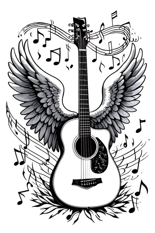 Classical Guitar With Angel Wings Surrounded My Music Notes