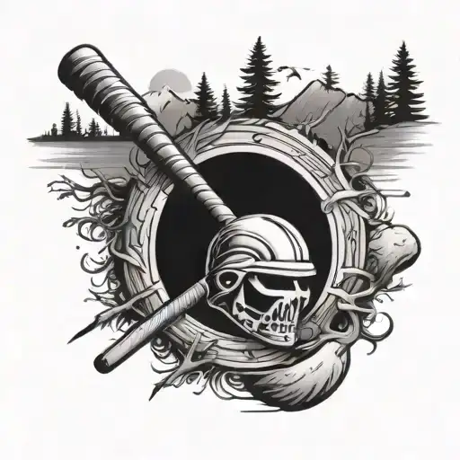 A Hockey Stick And A Baseball Bat Crossed With A Cabin In The Background