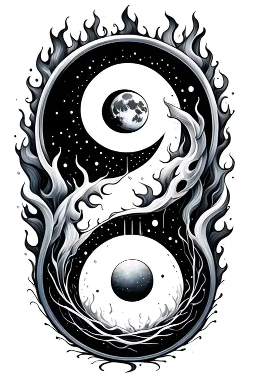 Yn Yang Semicolon Inside With Water And Fire And Moon And Sun