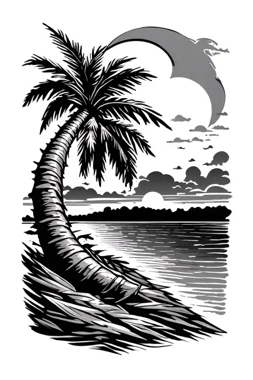 Reunion Island With Sunset Palm Tree A Straw In Tail