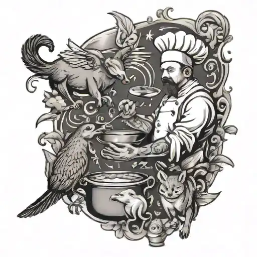 A Detailed Tattoo Of A Chef Cooking With Various Animals Surrounding Them