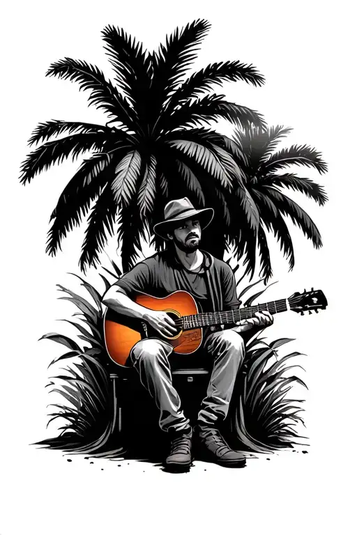 Guy Sat Against A Palm Treet With A Guitar Made
