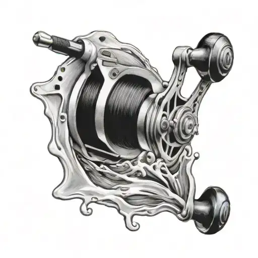 A Black-grey Tattoo Of A Fishing Reel With A Water Ripple Effect Around It