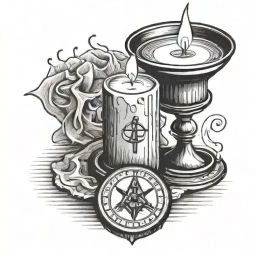 Candle Burning With Small Candle Stand Engraved With Square And Compass