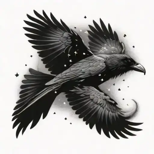 A Mystical Scene Of A Raven Flying Through A Storm Of Stars
