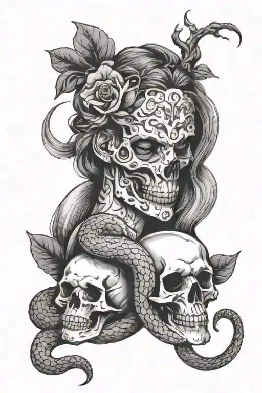 Skull With A Snake Wrapped Around And Eve Biting An Apple