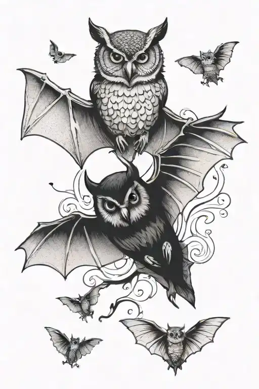 Bat And Owl Flying