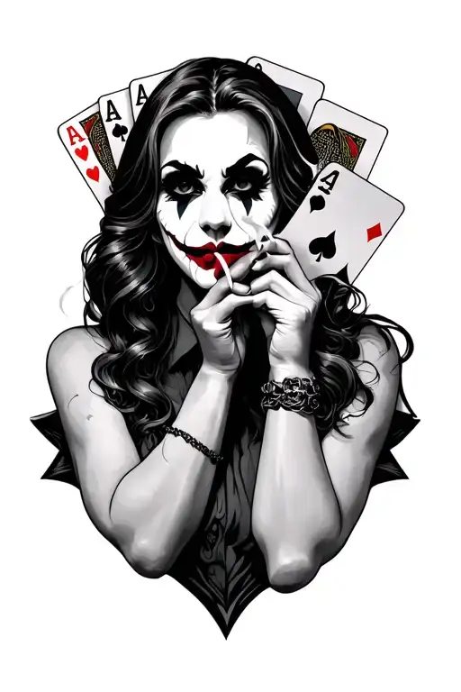 Girl Joker Smoking With Playing Cards Behind Head