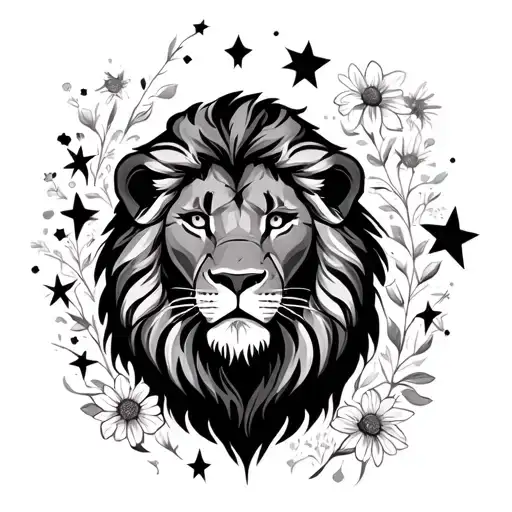 A Lion Surrounded By Stars And Flowers Growing
