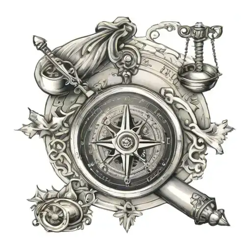 A Compass With Various Legal Symbols Like Scales Of Justice And Gavels