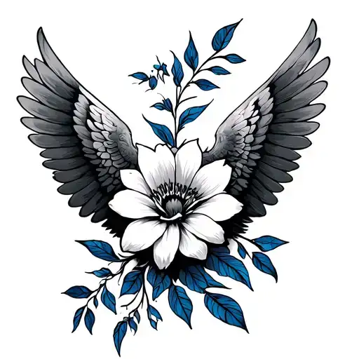 Flower Sleeve Black And Grey With Some Blue Line Work Here And There And Hawk Wings