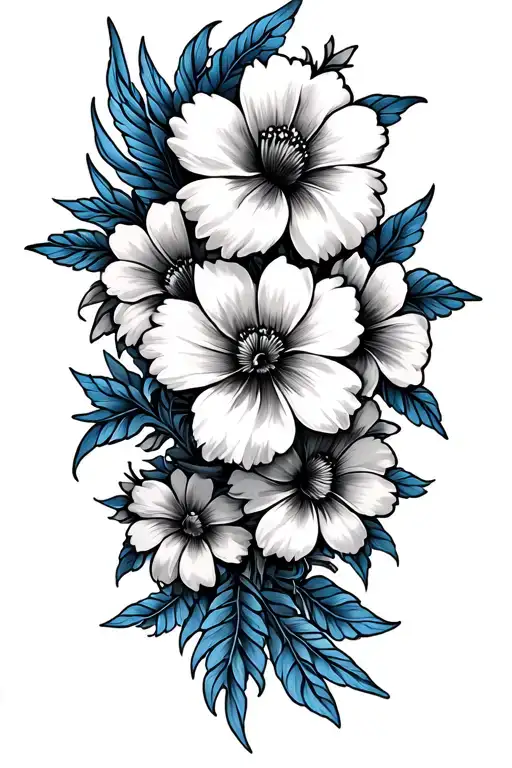 Flower Sleeve Black And Grey With Some Blue Line Work Here And There And Hawk Wings