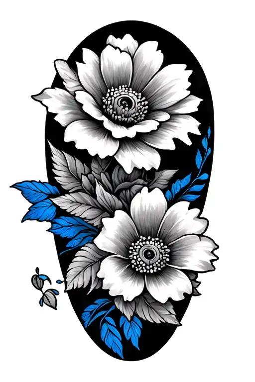 Flower Sleeve Black And Grey With Some Blue Line Work Here And There And Hawk