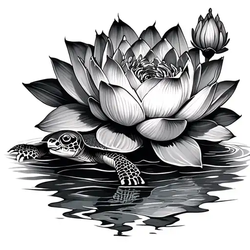 Turtle And Lotus Flower Blooming
