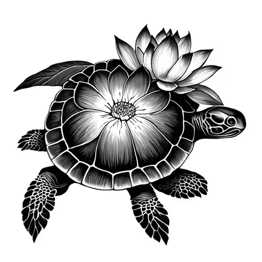 Turtle And Lotus Flower In One Stroke