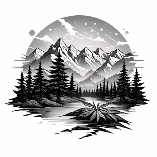 Create A Tattoo With Cbd And Thc Molecular With Shading Background Of Montains And Trees