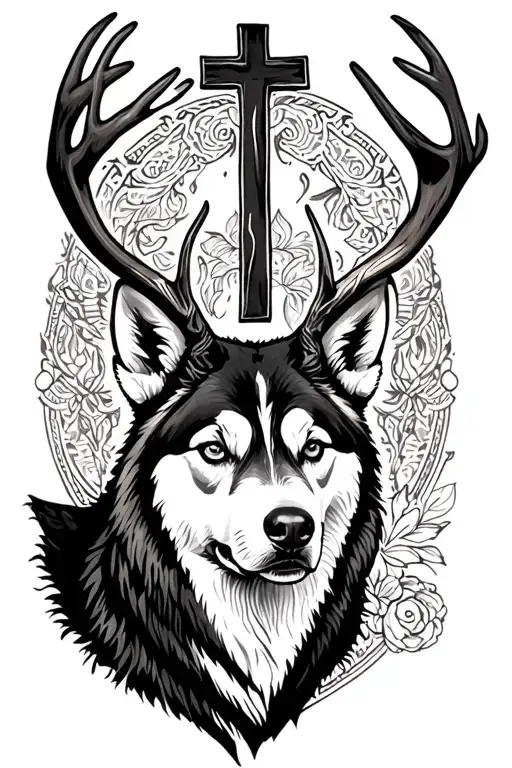 Deer Head With A Cross Behind It And A Husky Underneathtattoo