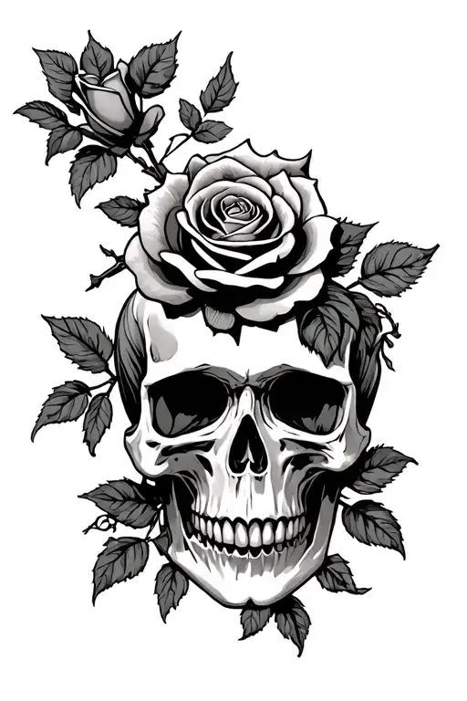 A Skull With A Bramble Between The Teethand With A Rose Above And Another Above The Head