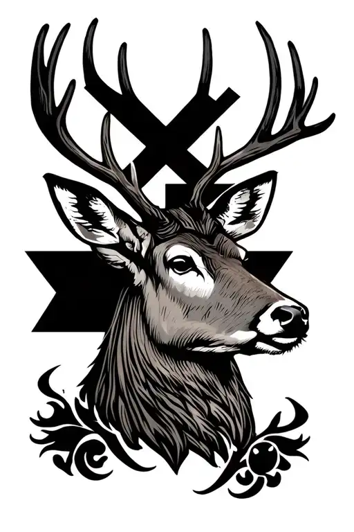 Deer Head With A Cross Behind It And A Tattoo Design