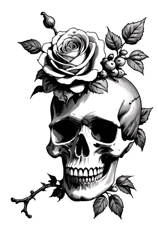 A Skull With A Bramble Between Its Teetha Rose Above And A Rose Aboveseen From The Front