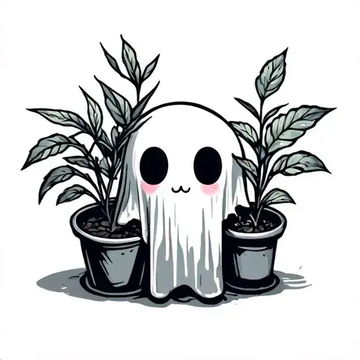 Cute Little Ghost With Indoor Plants Growing