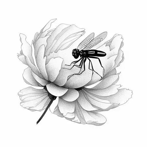 Dragonfly Landing On Peony Flower