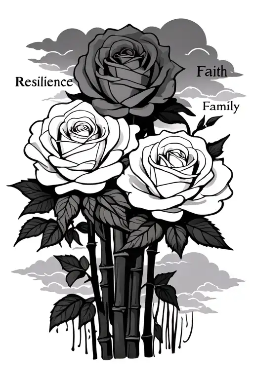 3 Roses Words Resilience Faith Family On Each Stem With Bamboos And Clouds In The Background