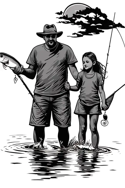 Dad And Daughter Fishing Outline Silhouette