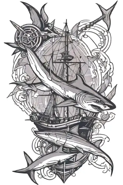 Shark With 3 Mast Ship And Navy Style Anchor Connected