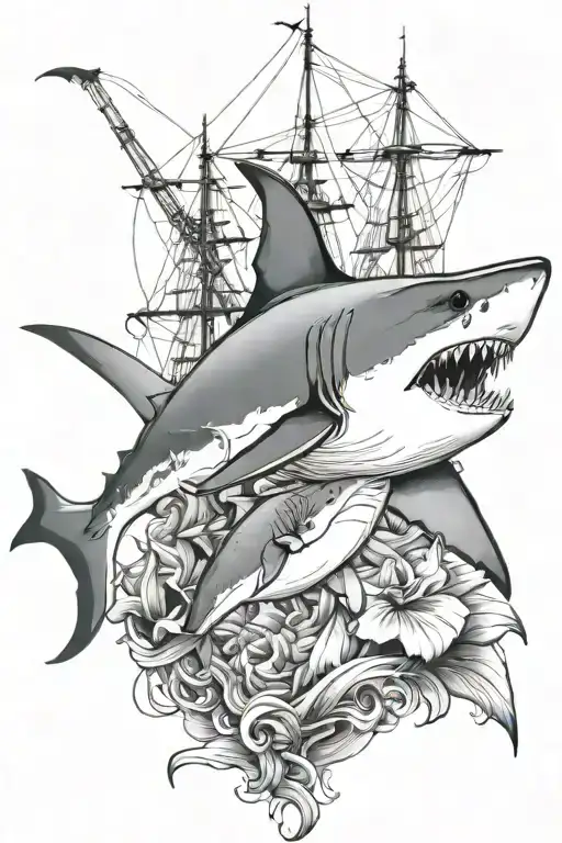 1 Great White Shark With 3 Mast Ship Sailing