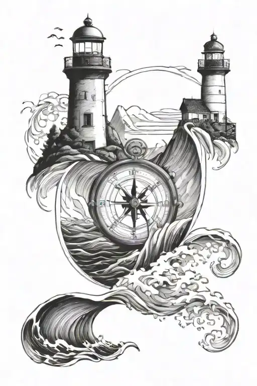 Waves Crashing On Mountain With Compass And Lighthouse