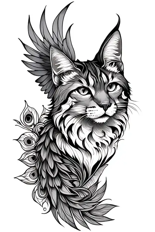 Neo Traditional Lynx Forearm Tattoo With Peacock Wings And Tail