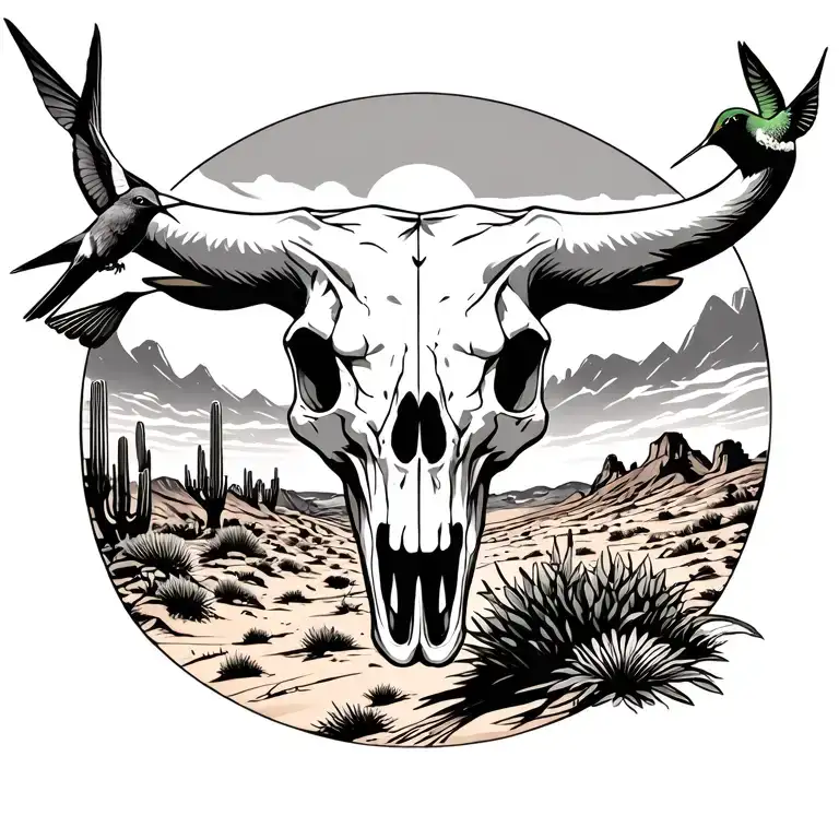 Bull Skull In Desert Landscape With Hummingbird Perched