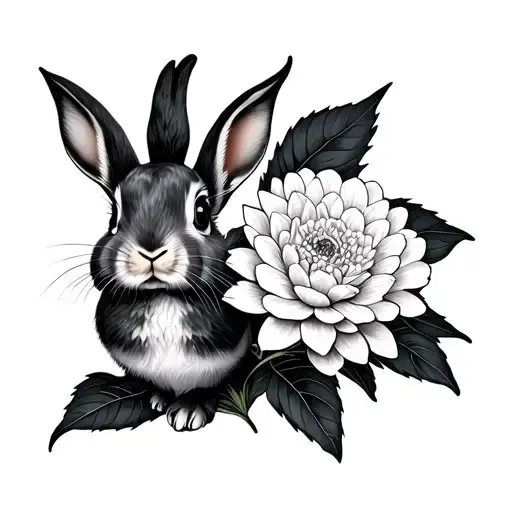 A Bunny Hoding A Dahlia Flower Large Black Leaves