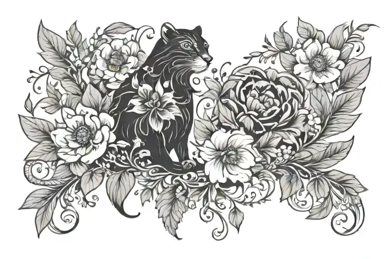 A Delicate Floral Design With Hidden Animal Silhouettes Intertwined Throughout In A Black-grey Style