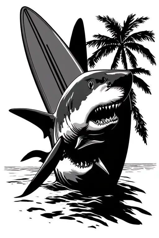 Surfboard With Beach Palm Great White Shark Surrounding