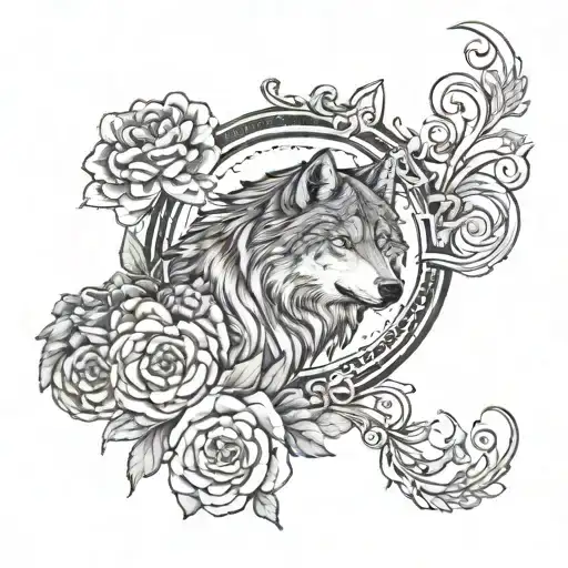 Wolf With A Crescent Moon And Marigold Flowers Blooming
