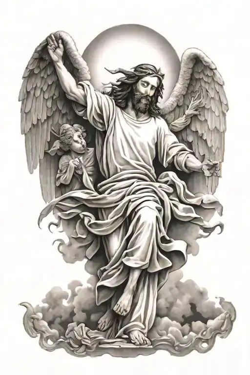 Black And Grey Tattoo Sleeve Of Jesus And Angels