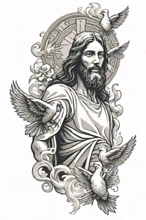 Jesus Christ With Doves And Smoke Rising