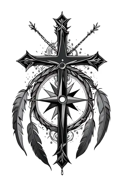 Cross Intertwined With Compass And Feathers Hanging