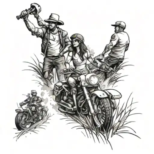 A Group Of Friends Partying In A Field With Cars And Motorcycles In The Background