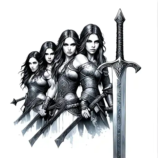 Multiple Female Viking Warriors Virtical Sword