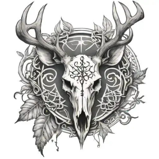 Deer Skull Mystical Fog Runes Pentagram Leaves