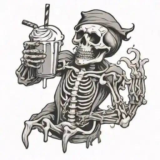 Skeleton Pouring A Milkshake Into Its Moputh With Milkshake Pouring Through Ribs