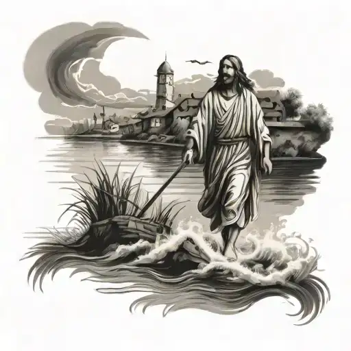 Jesus Walking On Water With A Village In The Distance