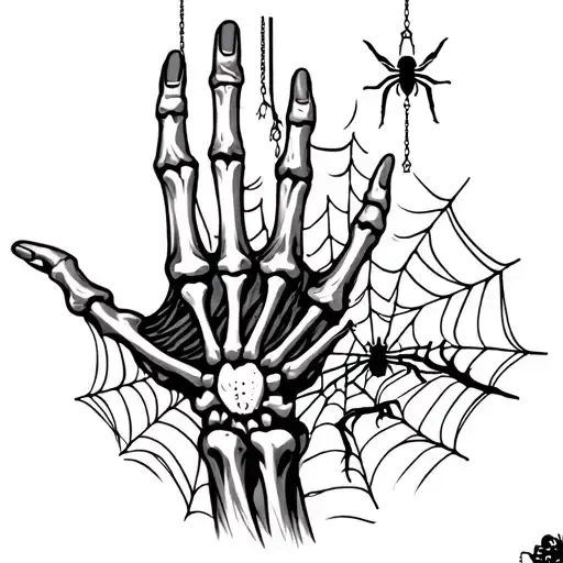 Hand Skeleton W Spider Web And Spider Hanging From It With Big Stars And Posion Tree On Forearm