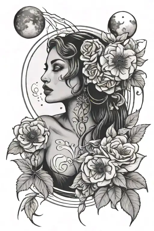 Woman Posing With Flowers And Blood Moon