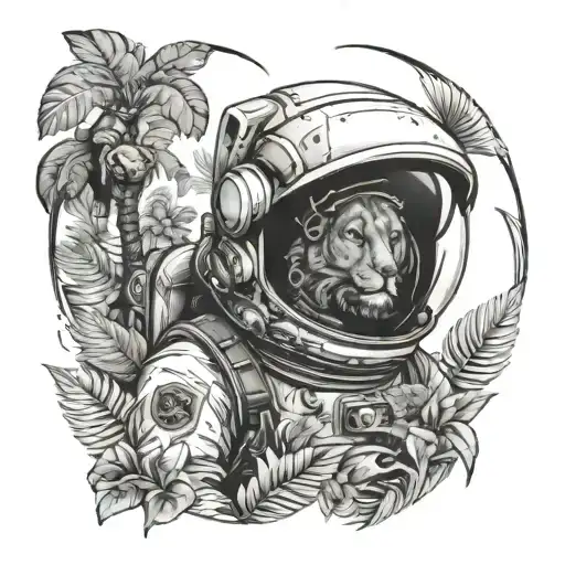 An Astronaut Exploring A Jungle Filled With Exotic Animals
