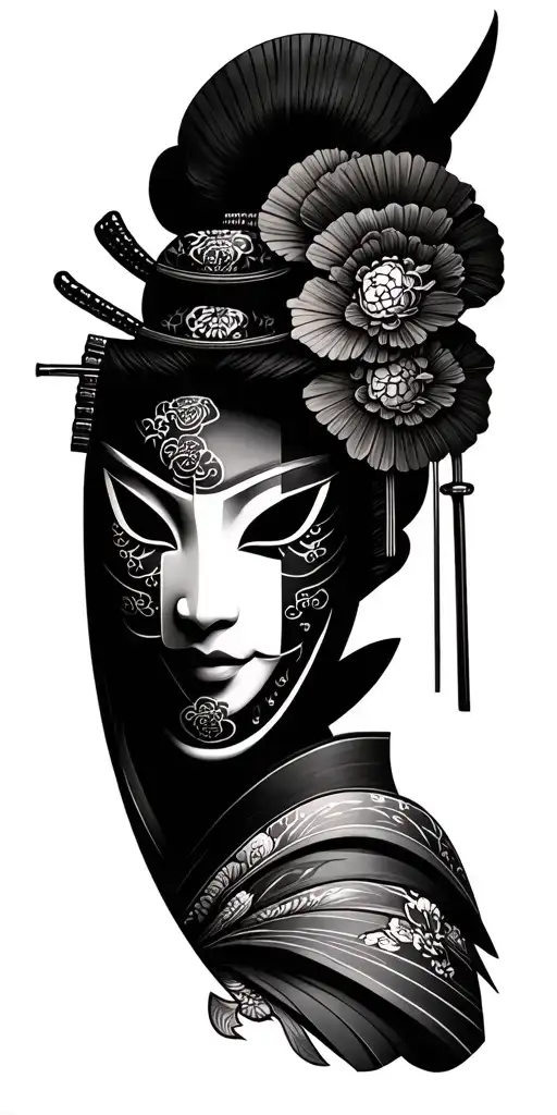 Samurai Mask Split In Half And Geisha