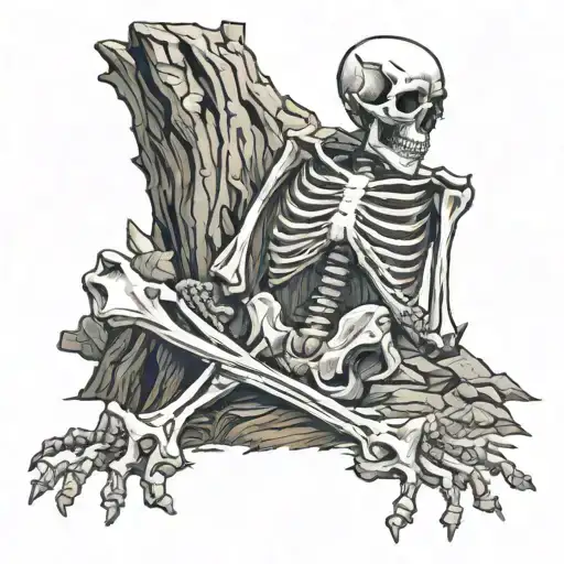 Tactical Skeleton Lying Near A Stump As A Reminder Of The War